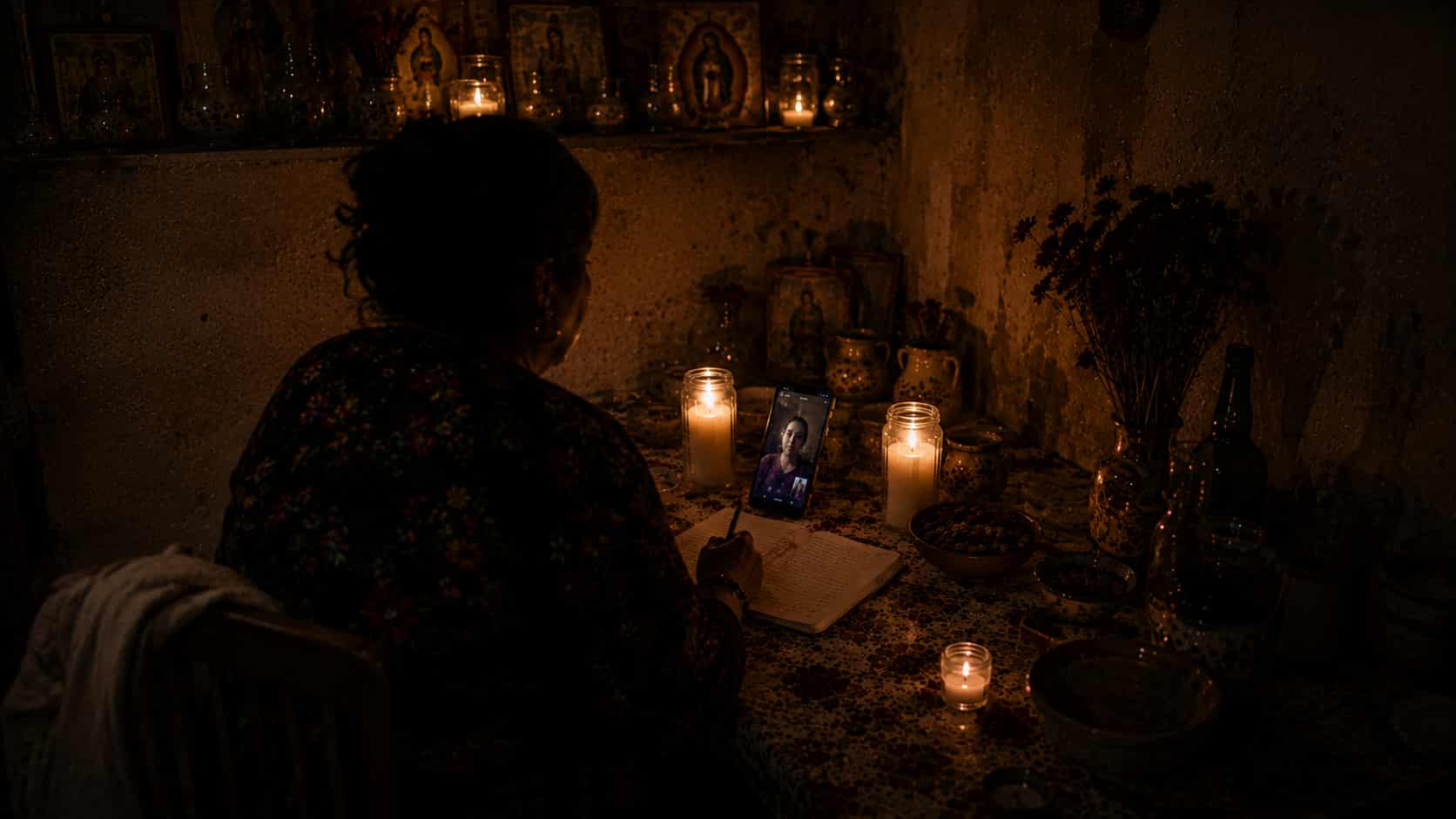 La maestra atendiendo una consulta a la luz de las velas, anotando el caso
